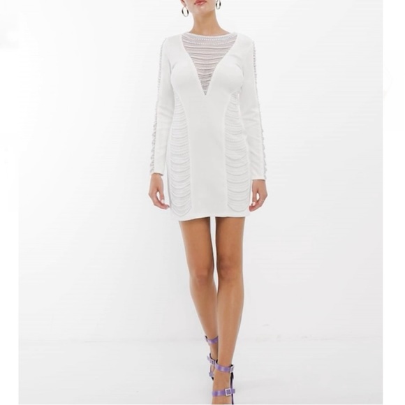 NWT Starlet Bead Embellished Sheer Mesh Panels Long Sleeve Mini Dress White 2 - Picture 2 of 14